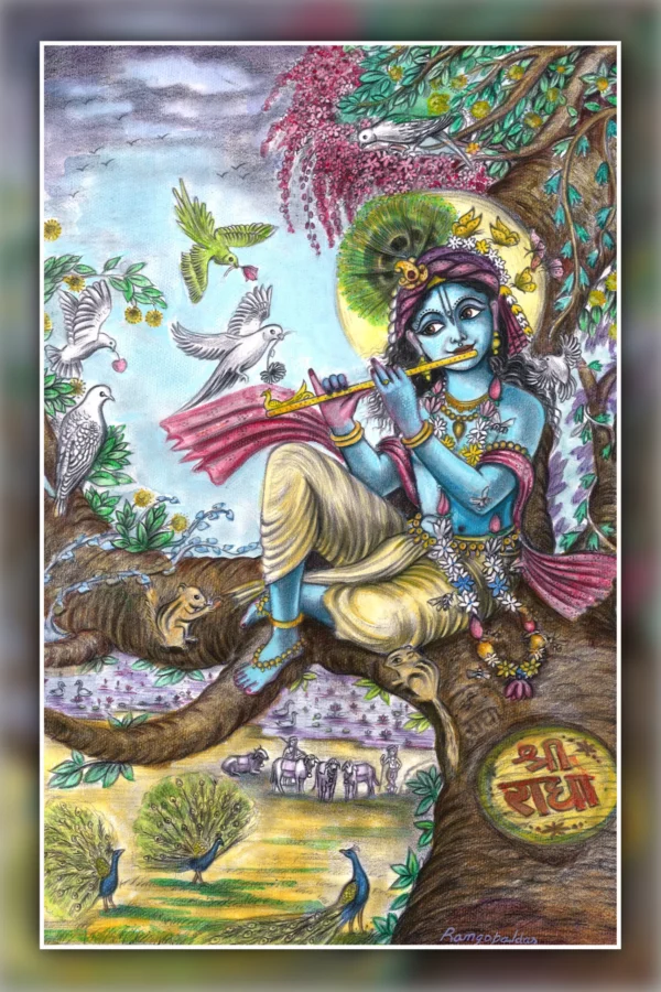 Lord Krishna Playing Flute on a Trunk Poster | 12×18 Inches | Portrait ...
